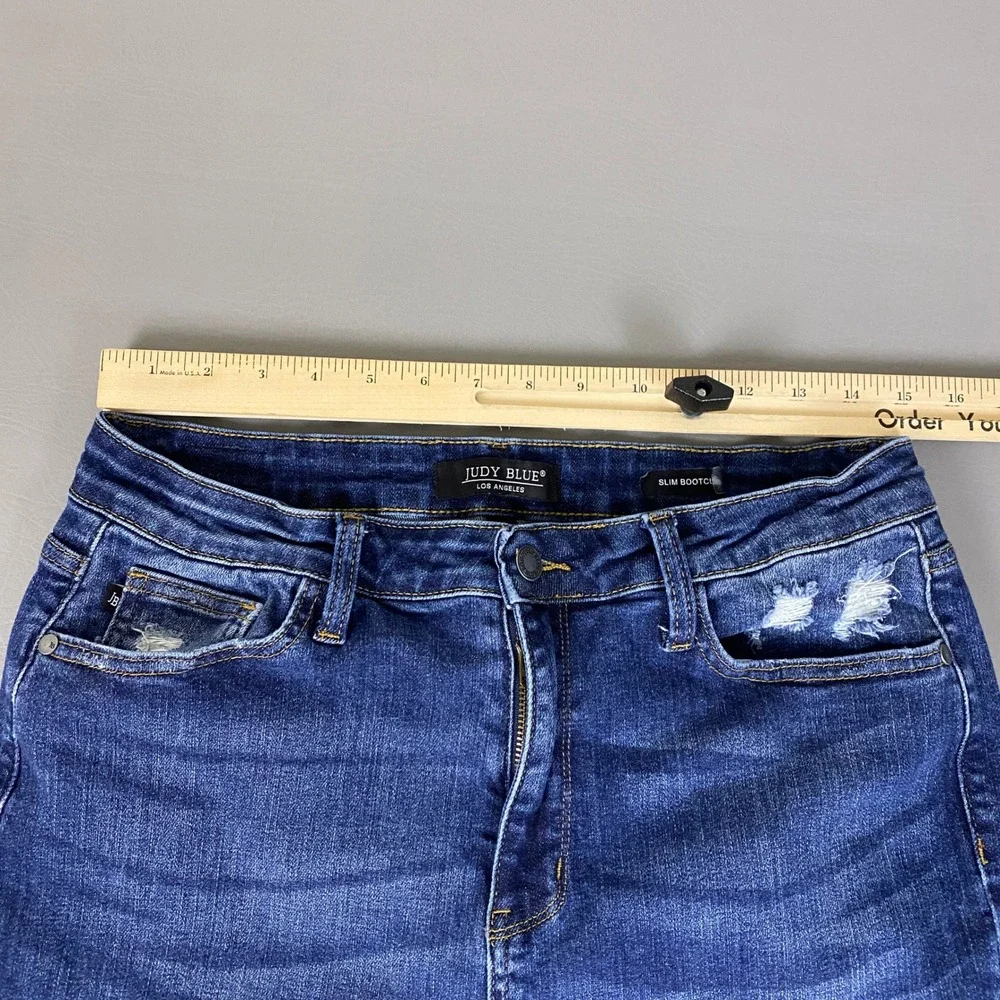 Judy Blue Slim Bootcut Jeans Women's Size 13/31 Blue Dark Wash Distressed